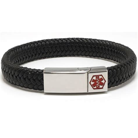 Wide Braided Leather Medical Alert ID Bracelet