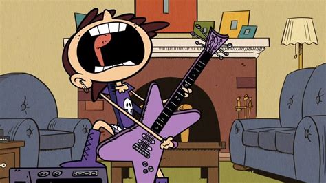 a cartoon character holding a purple guitar in front of a fireplace ...