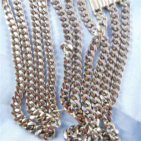 Vintage Monet Silver Chain Link Necklace Triple Stran Gem