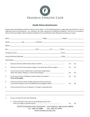 Fillable Online Health History Questionnaire Franklin Athletic Club