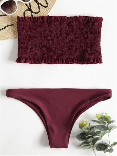 Hot Ruffle Smocked Bandeau Bikini Set In Red Wine L Zaful The