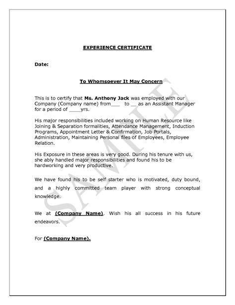 Work Experience Certificate Template Word Certificatetemplateword ...