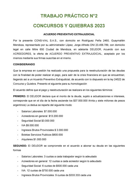 TP 2 Concurso y quiebra 2023 TRABAJO PRÁCTICO N CONCURSOS Y