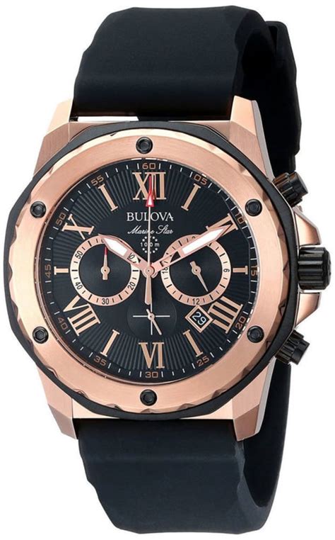 Bulova Marine Star Black Chronograph Dial Black Rubber Strap Men S