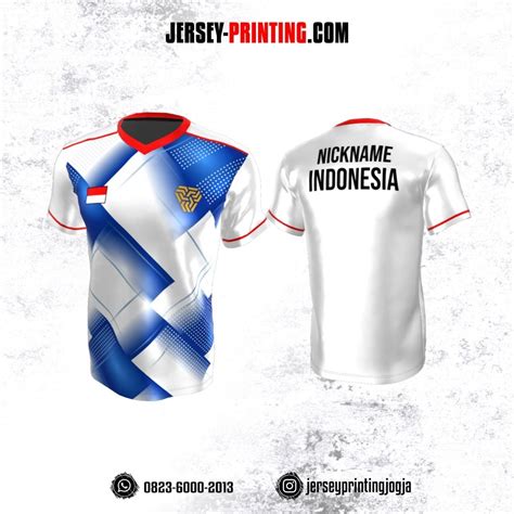 Jersey Badminton Putih Biru Strip Merah Motif Bintik Garis Abstrak