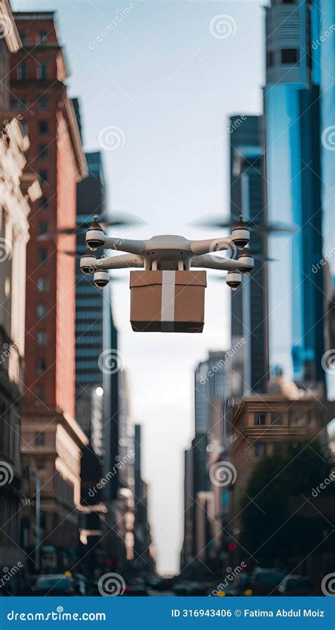 Drone Flies In City Delivering Order In Cardboard Box Stock