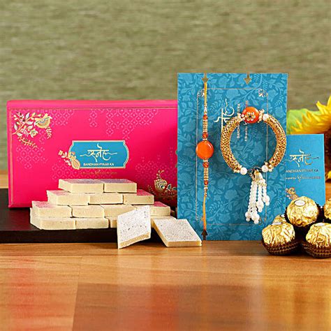 Pearl Lumba Rakhi Set And Kaju Katli With 3 Pcs Ferrero Rocher Exp Uk