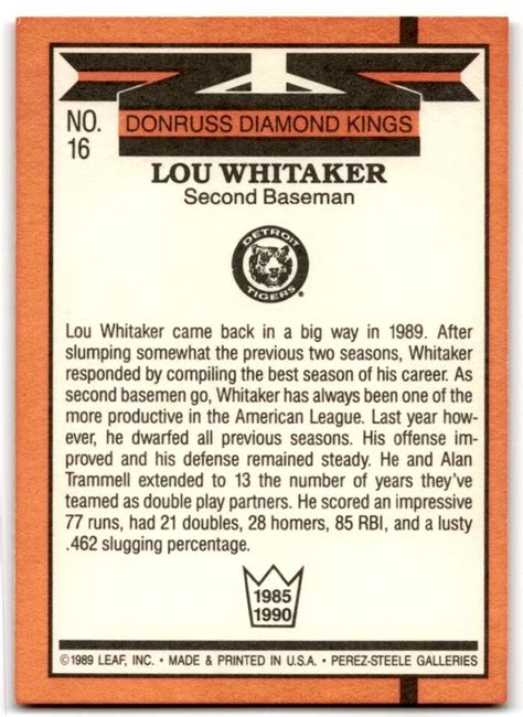 Donruss Diamond Kings Lou Whitaker Detroit Tigers Ebay