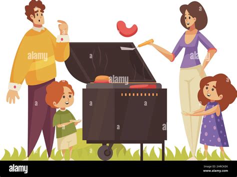 Bbq Composition With Characters Of Parents With Children And Barbecue