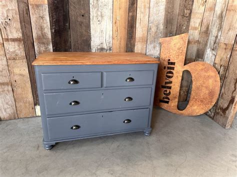 Antique Victorian Painted Blue Grey Pine Two Over Two Chest Of Drawers