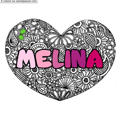 Dessin colorié Coloriage prénom MELINA décor Mandala coeur par un