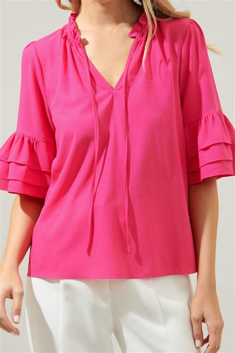 Break Room Split Neck Ruffle Blouse Sugarlips