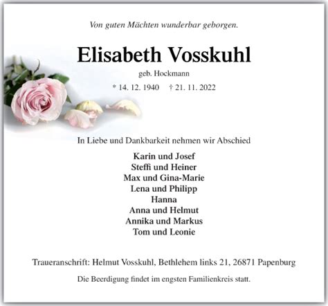 Traueranzeigen Von Elisabeth Vosskuhl Noz Trauerportal