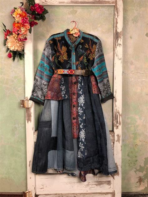 L Xl Bohemian Brocade Denim Coat Patchwork Outerwear Coat Boho Etsy