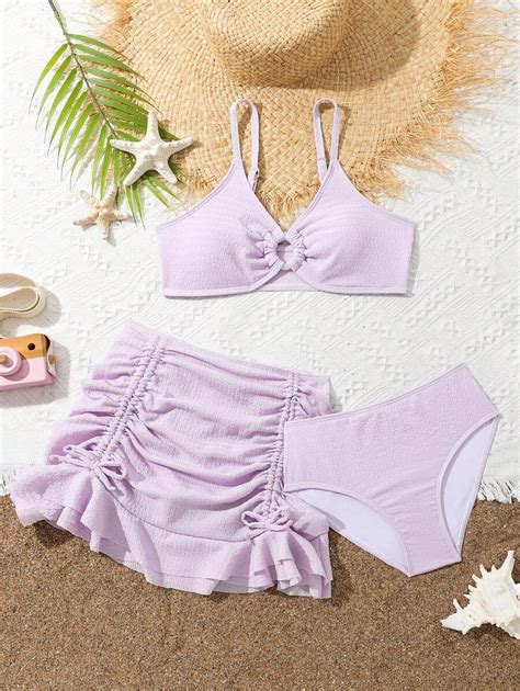 Ensemble bikini 3 pièces set pour préadolescente avec bordure volantée