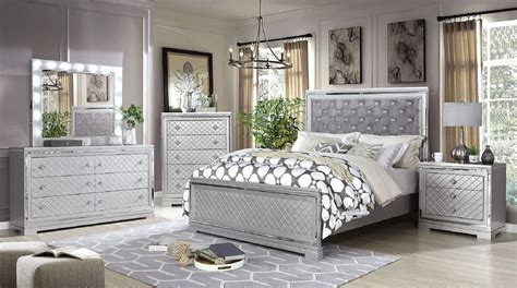 Glam Mirror Panels Queen Size Bed Silver 4pc Bedroom Set Gray Tufted ...