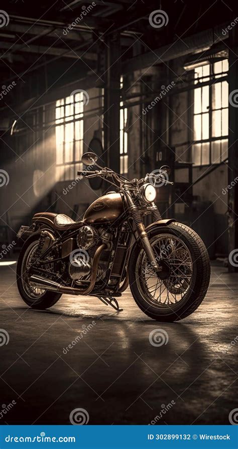 Antique Motorcycle Parked Inside A Large Old Fashioned Warehouse Ai