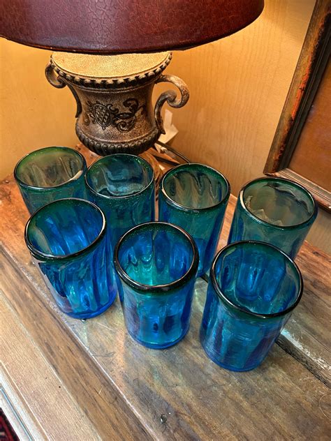 Blenko Style Blown Glass Tumblers Set Of 7 Blown Glass Tumblers Turquoise And Green Blown Glass