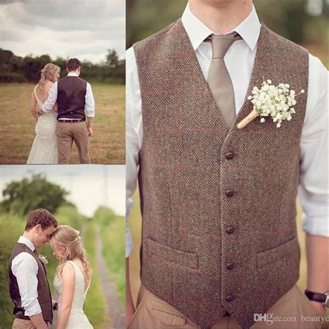 2020 Country Brown Groom Vests For Wedding Wool Herringbone Tweed