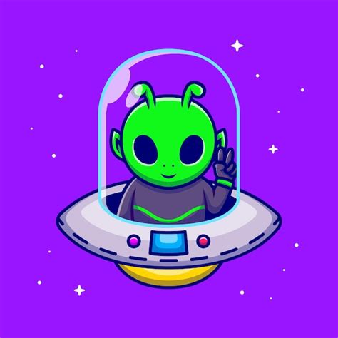 Premium Vector Cute Alien With Peace Hand In Spaceship Ufo Cartoon