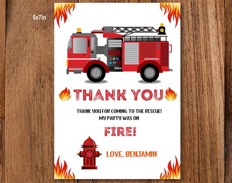 Fire Truck Thank You Card 5x7in 4x6in Printable Firefighter Birthday