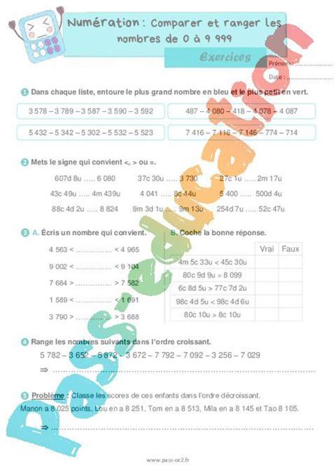 Comparer Ranger Les Nombres Entiers De Exercices De