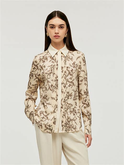 19 Momme Mulberry Silk Floral Print Lapel Women Shirt Goelia