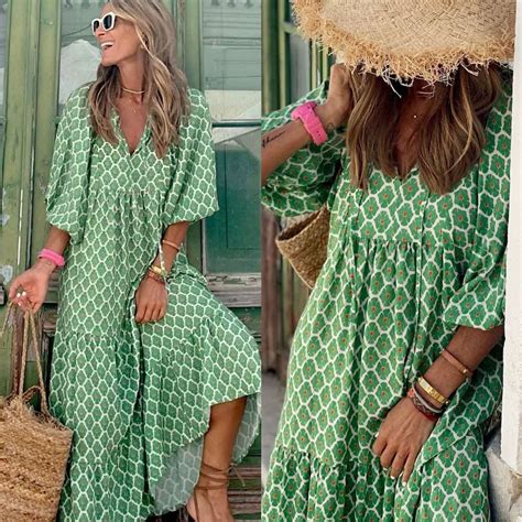 Geometric Collage Bubble Sleeve Dress Large Women S Wear Green S