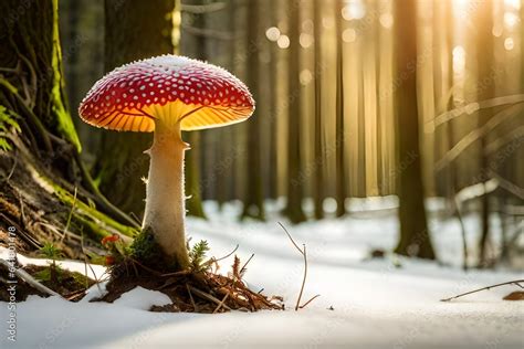 Fly Mushroom Among The Towering Trees Of The Mystical Forest A