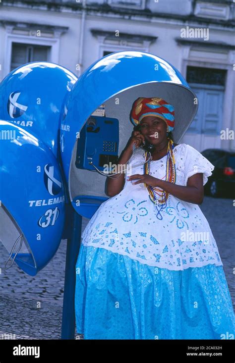 Smiling Bahia Woman On The Telephone In Traditional Dress In The