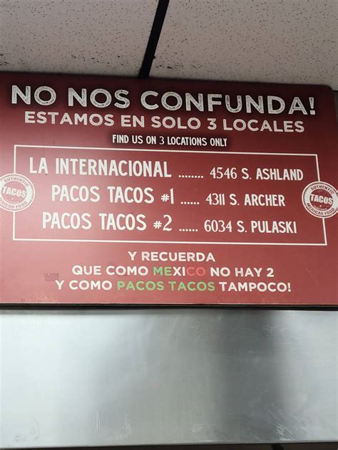 Menu at Paco's Tacos restaurant, Chicago, S Archer Ave