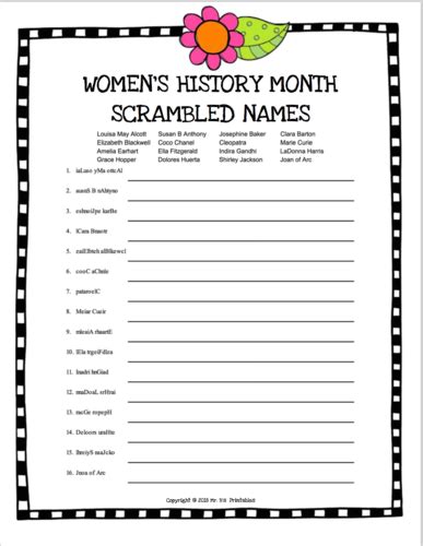 Womens History Month Scrambled Words No Prep Printable Worksheets Teaching Resources