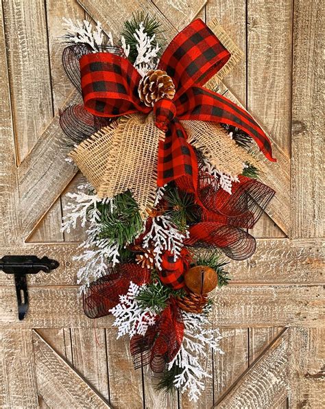 Buffalo Plaid Swag Christmas Wreath For Front Door Rustic Etsy