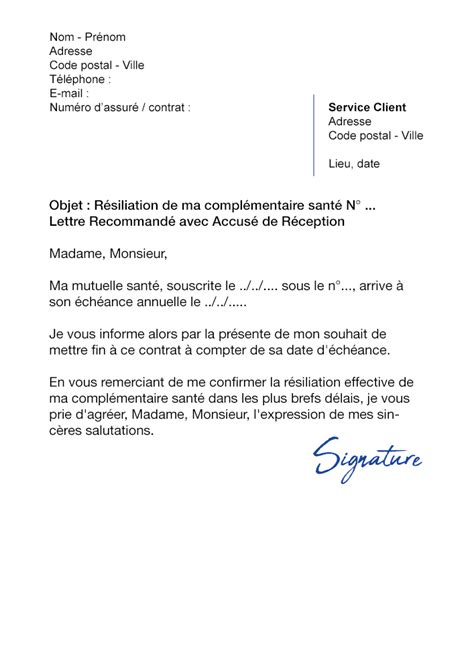 Lettre de résiliation Mutuelle A échéance Modèle de lettre gratuit