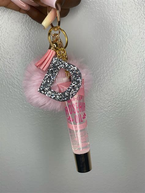 Customized Resin Letter Pom Pom And Lip Gloss Keychain Etsy