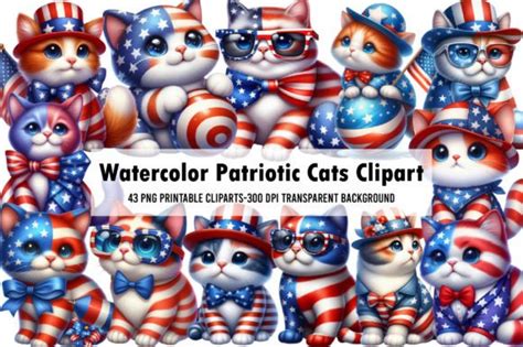 Watercolor Patriotic Cats Clipart Graphic By Watercolorart · Creative Fabrica