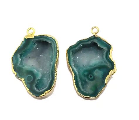 Natural Green Geode Druzy Connector Brass 24k Gold Electroplated Connector Handmade Statement