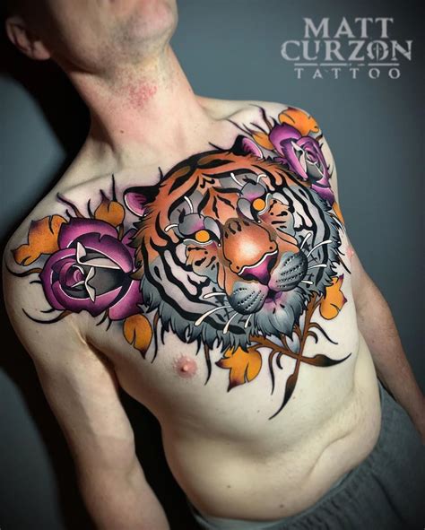 Traditional Tiger Chest Tattoo