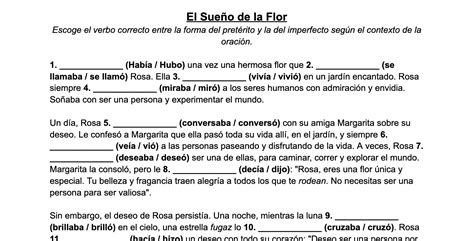 El Sueño De La Flor Preterite Vs Imperfect Spanish Story Classful