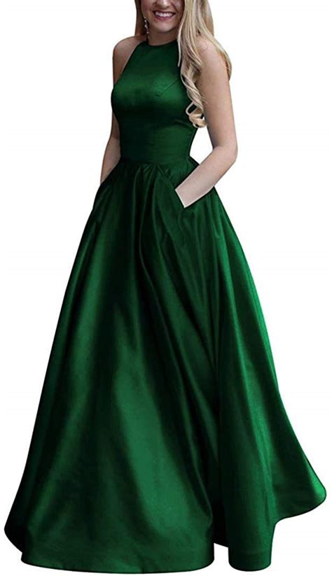 Buy Long Beaded Halter Satin Prom Dress A Line Open Back Evening Gowns