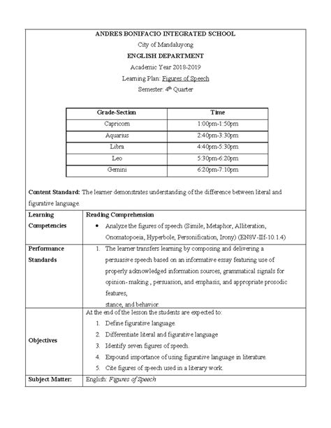 Figures Of Speech Lesson Plan Docx Andres Bonifacio