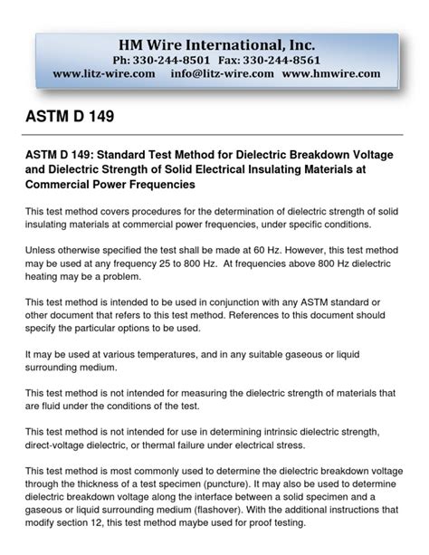 Astm D 149 Standard Test Method Dielectric Breakdown Voltage Pdf