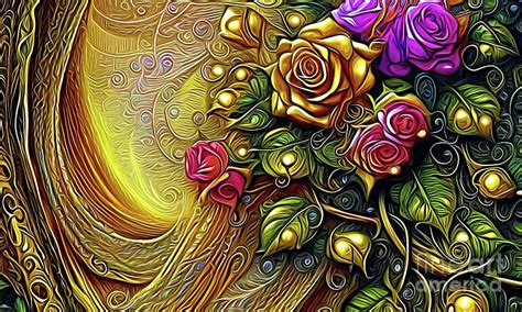 Ai Art Gold And Multicolored Roses Bouquet Abstract Expressionism