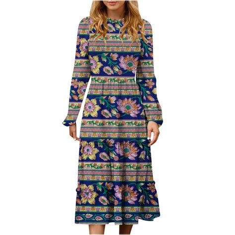 Long Sleeve Dress for Women Smocked Boho Solid/Floral Long Dresses High