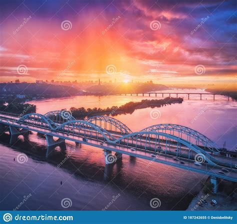 Aerial View Of Beautiful Bridge At Sunset In Kiev Ukraine Stock Image