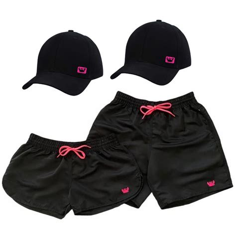 Kit Casal Short Tactel Moda Praia Verao Bermuda Combinando Bone Amigos