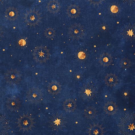 Nostalgic Golden Moon And Stars Pattern On Dark Blue Paper Texture