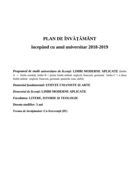 PDF PLAN DE ÎNVĂŢĂMÂNT începând cu anul universitar 2018 2019litere