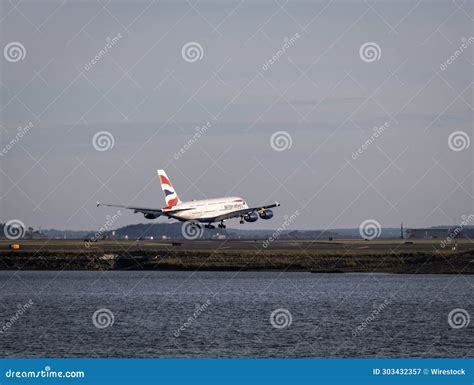 British Airways Airbus 380 Airplane Landing In Boston After A Flight