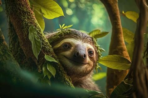 Premium AI Image | Highly defined sloth photography in tropical jungle